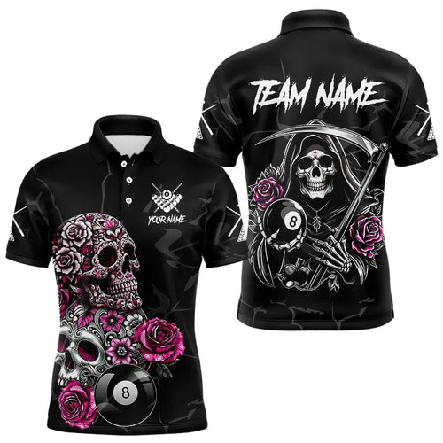 Personalized Pink Funny Skull Roses 8 Ball Billiard Shirts For Men Custom Pool Team Shirts TDM3729