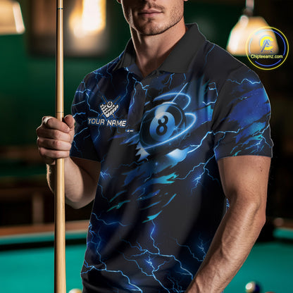 Blue 8 Ball Pool Lighting Billiard Shirt For Men Custom Glowing Billiard Team Jersey Polo, 1/4 Zip TDM6332