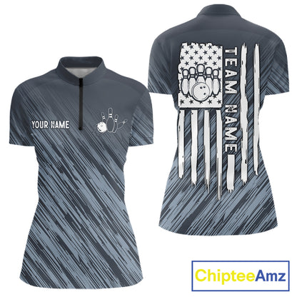 Custom Grey Grunge American Flag Bowling Shirt For Women, Patriotic Bowling Jersey Polo & 1/4 Zip TDM6516