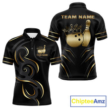 Load image into Gallery viewer, Black and gold crown bowling ball polo shirt for men with tribal bowling team graphics.