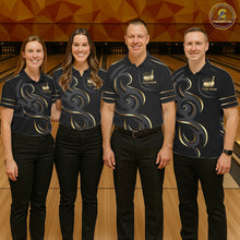 Load image into Gallery viewer, Bowling team wearing matching black and gold crown bowling ball jerseys during tournament matches front view.