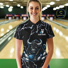 Load image into Gallery viewer, Woman wearing a blue bull lightning bowling quarter zip jersey during tournament competition front view.
