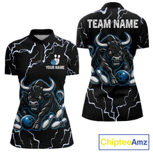 Load image into Gallery viewer, Blue bull lightning bowling quarter zip shirt for women built for tournaments and league play.