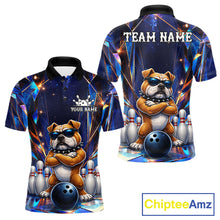 Load image into Gallery viewer, Personalized funny crystal bulldog bowling team jersey polo shirt for men featuring a colorful crystal bulldog design, premium custom bowling league apparel for tournaments and competitive bowling teams.