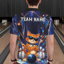 Load image into Gallery viewer, Man wearing personalized funny crystal cat bowling team jersey polo shirt featuring crystal cat artwork, back view.