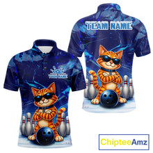 Load image into Gallery viewer, Personalized blue funny cat bowling team jersey polo shirt for men featuring a playful blue cat design, premium custom bowling league apparel and unique bowling gifts for tournaments and league play.