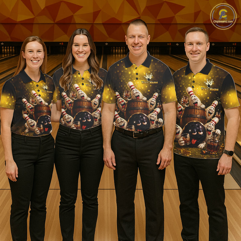 Yellow Funny Drunk Bowling Pins Bourbon Vintage Bowling Shirts For Women Custom Bowling Team Jersey TDM7249