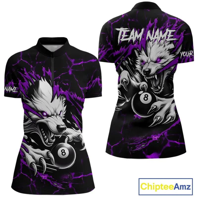 Personalized Thunder Lightning Wolf Billiard Shirts For Women Custom Billiard Team Jerseys |Purple TDM5467