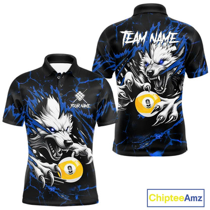 Personalized 9 Ball Pool Wolf Billiard Shirts For Men, Billiard Team Jersey Polo & 1/4 Zip |Blue TDM5468