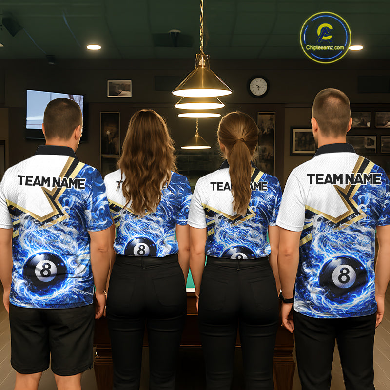 Blue 8 Ball Flame Smoke Golden Billiard Shirt For Men Custom Pool Team Jersey Polo & 1/4 Zip TDM5735