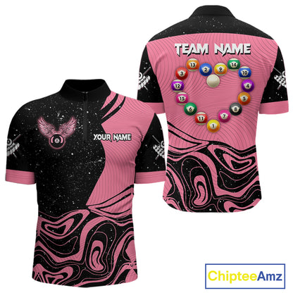 Black And Pink Funny Pool Balls Heart Billiard Shirt For Men Custom Valentine Billiard Jersey TDM5741