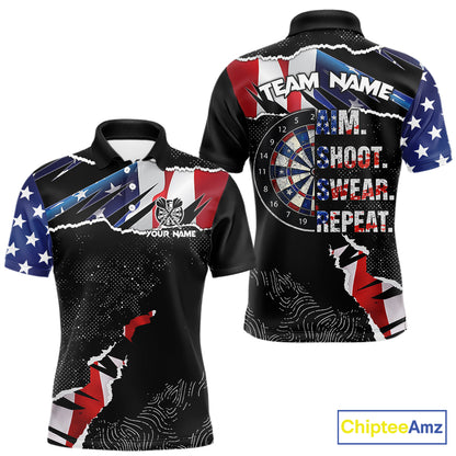 American Flag Aim Shoot Swear Repeat Darts Shirt For Men Custom Darts Jersey Team Polo & 1/4 Zip TDM5930
