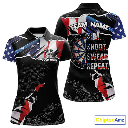 American Flag Aim Shoot Swear Repeat Darts Shirt For Women Custom Darts Jersey Team Polo & 1/4 Zip TDM5930