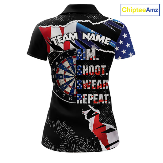 American Flag Aim Shoot Swear Repeat Darts Shirt For Women Custom Darts Jersey Team Polo & 1/4 Zip TDM5930