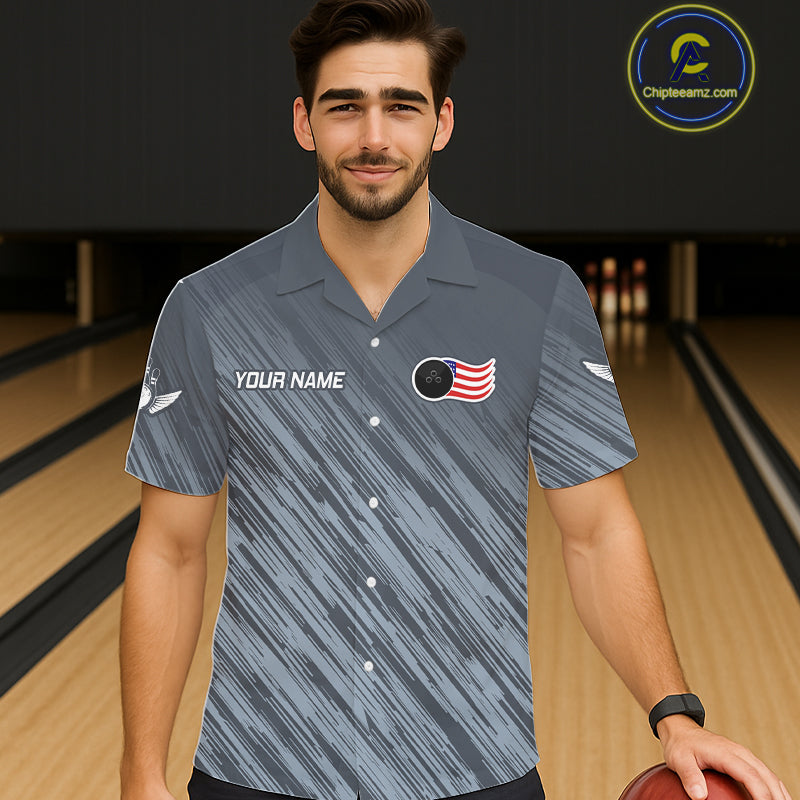 Personalized US Flag Grey Hawaiian Bowling Shirt For Women, Patriotic Bowling Team Jersey TDM6087