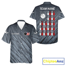 Load image into Gallery viewer, Personalized US Flag Grey Hawaiian Bowling Shirt For Women, Patriotic Bowling Team Jersey TDM6087