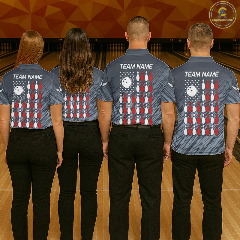 Personalized US Flag Grey Bowling Shirt For Women, Patriotic Bowling Team Jersey Polo & 1/4 Zip TDM6087