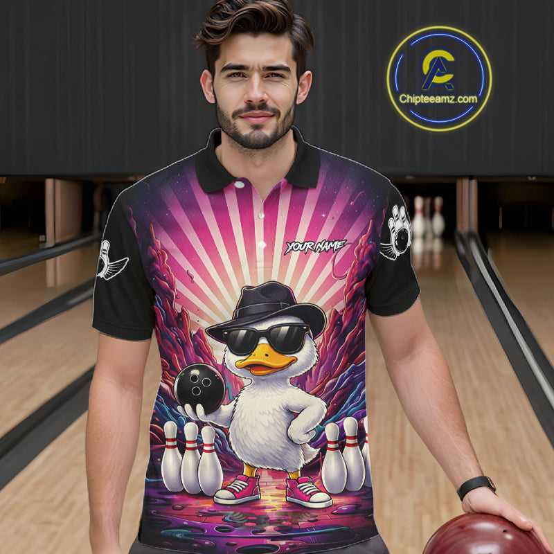 Pink Funny Duck Bowling Jersey For Men Custom Graffiti Bowling Shirt Team Polo & 1/4 Zip Shirt TDM6094