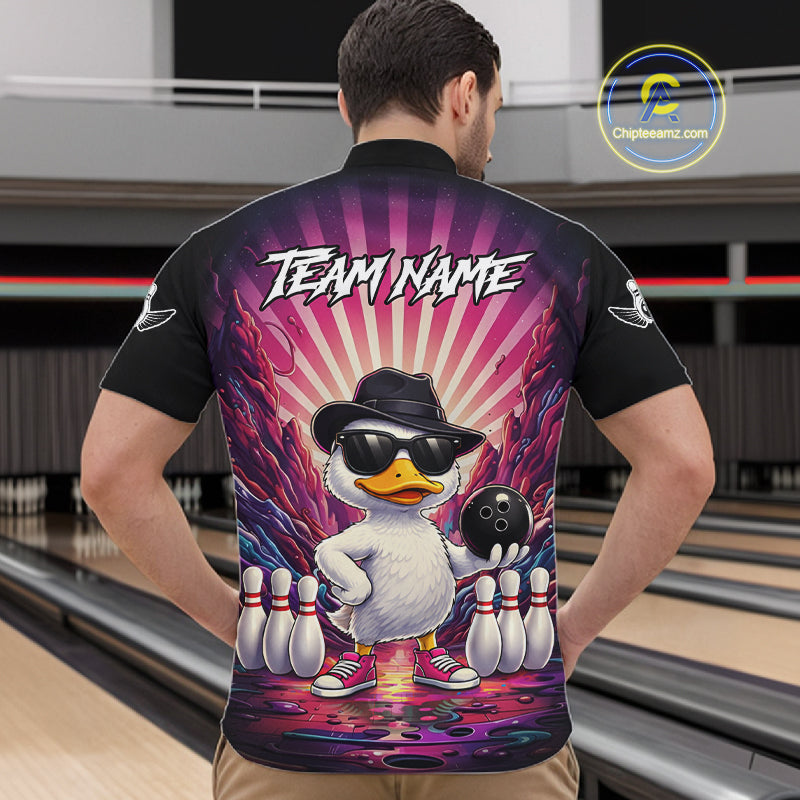 Pink Funny Duck Bowling Jersey For Men Custom Graffiti Bowling Shirt Team Polo & 1/4 Zip Shirt TDM6094
