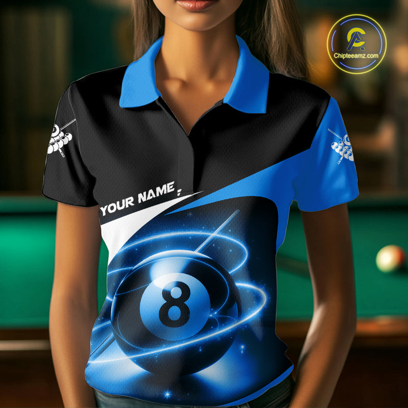 Blue 8 Ball Pool Billiard Shirt For Women Custom Glowing Billiard Team Jersey Polo & 1/4 Zip TDM6341