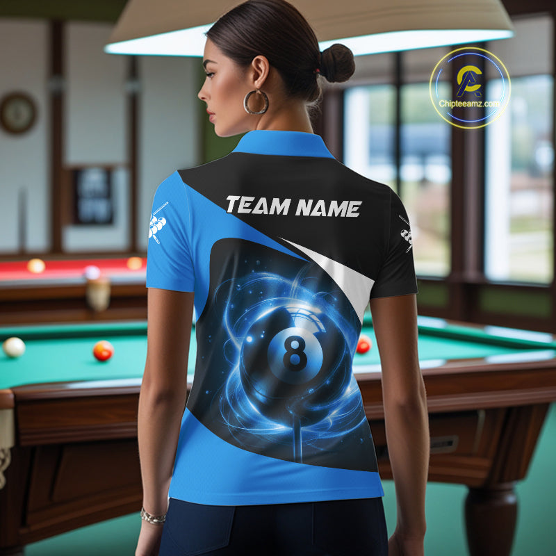 Blue 8 Ball Pool Billiard Shirt For Women Custom Glowing Billiard Team Jersey Polo & 1/4 Zip TDM6341