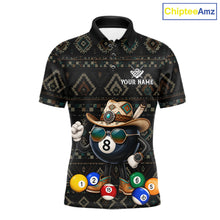Load image into Gallery viewer, 8 ball tribal pattern billiard polo shirt for men with custom pool team graphics.
