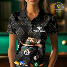 Load image into Gallery viewer, Woman wearing an 8 ball tribal pattern billiard jersey beside a pool table front view.