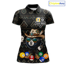 Load image into Gallery viewer, 8 ball and 9 ball tribal pattern billiard polo shirt for women with custom pool team graphics.