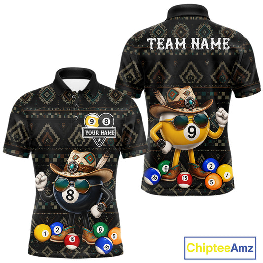 8 ball and 9 ball tribal pattern billiard polo shirt for men with custom pool team graphics.