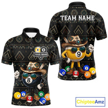 Load image into Gallery viewer, 8 ball and 9 ball tribal pattern billiard polo shirt for men with custom pool team graphics.