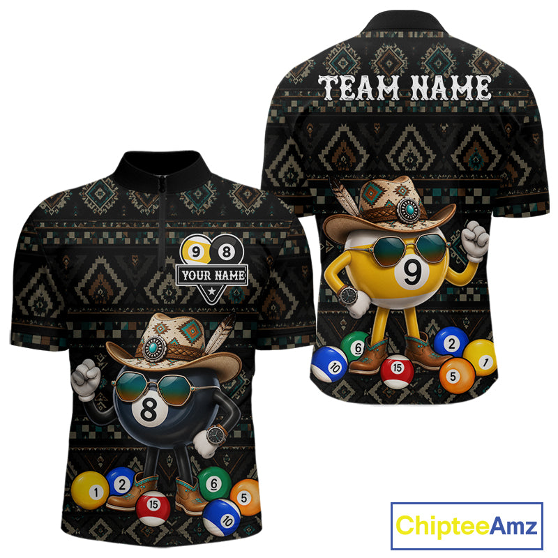 8 ball and 9 ball tribal pattern billiard quarter zip shirt for men built for tournaments and league play.