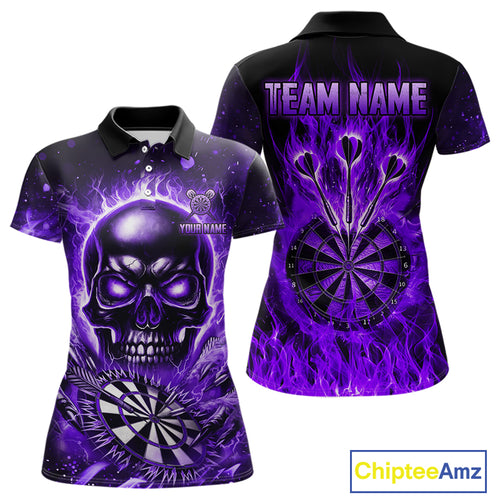 Purple Flame Skull Dartboard Shirt For Women Custom Darts League Team Jersey Polo & Quarter Zip TDM5009