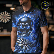 Load image into Gallery viewer, Blue Flaming Skull Dartboard Shirt For Men Custom Darts League Team Jersey Polo &amp; Quarter Zip TDM5011
