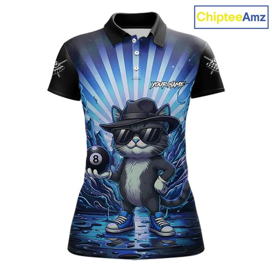 Funny Cat 8 Ball Billiard Shirt For Women Custom Blue Neon Graffiti Billiard Jersey Polo & 1/4 Zip TDM5742