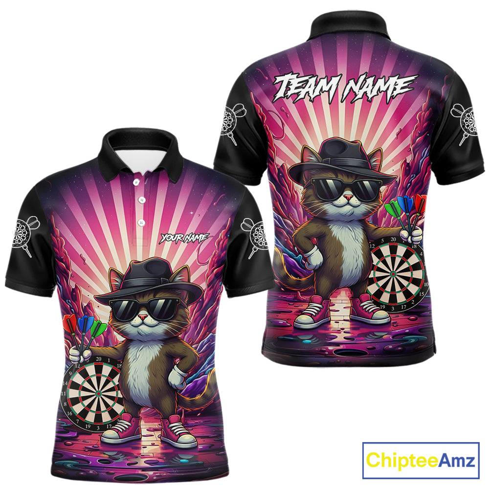 Pink Funny Cat Dartboard Neon Graffiti Darts Shirt For Men Custom Darts Jersey Team Polo & 1/4 Zip TDM5744