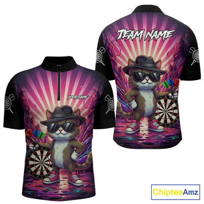 Pink Funny Cat Dartboard Neon Graffiti Darts Shirt For Men Custom Darts Jersey Team Polo & 1/4 Zip TDM5744