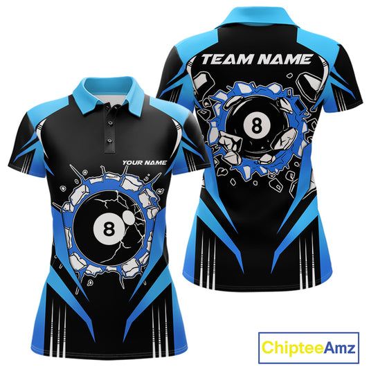 Funny Break 8 Ball Billiard Shirt For Women Custom Black And Blue Pool Team Jersey Polo, 1/4 Zip TDM6099