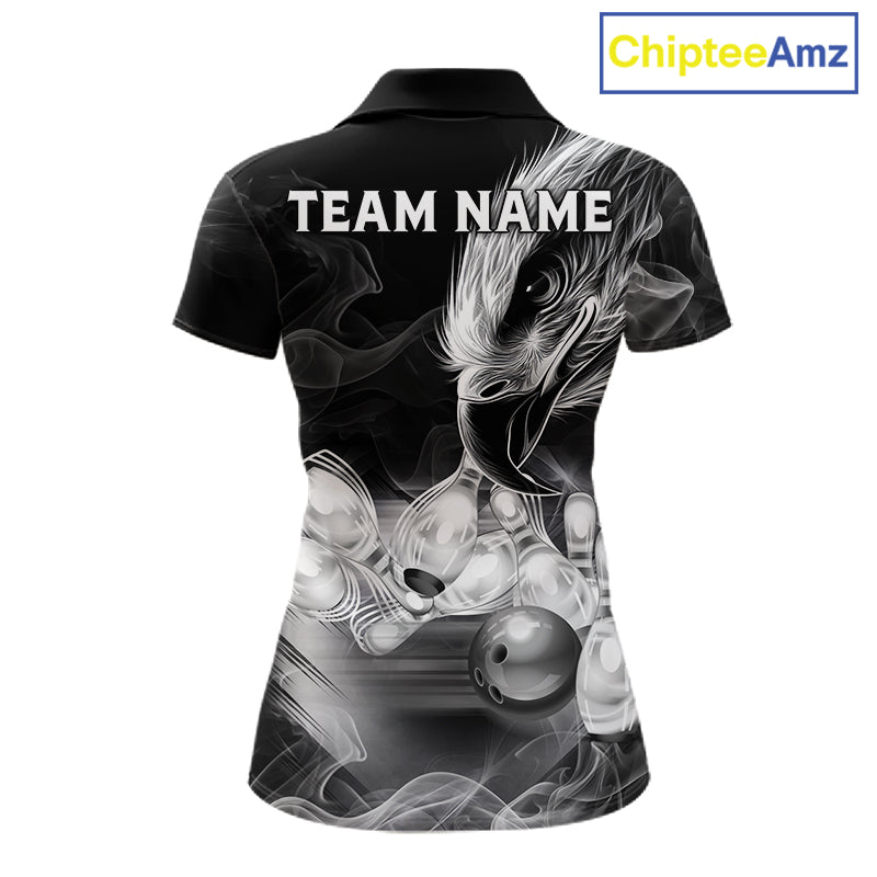 Black And White Custom Eagle Smoke Bowling Shirt For Women, Bowling Team Jersey Polo & 1/4 Zip TDM6356