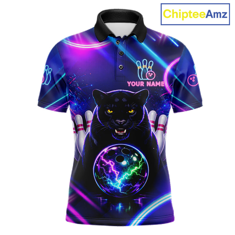 Neon Blue Purple Custom Panther Bowling Shirt For Men, Glowing Bowling Team Jersey Polo & 1/4 Zip TDM6358