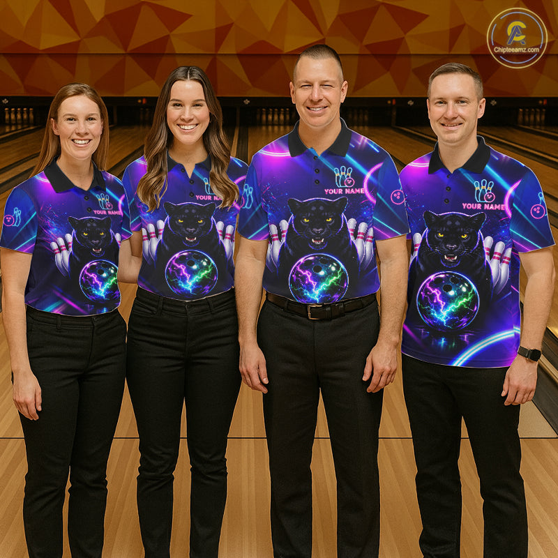 Neon Blue Purple Custom Panther Bowling Shirt For Women, Glowing Bowling Team Jersey Polo & 1/4 Zip TDM6358