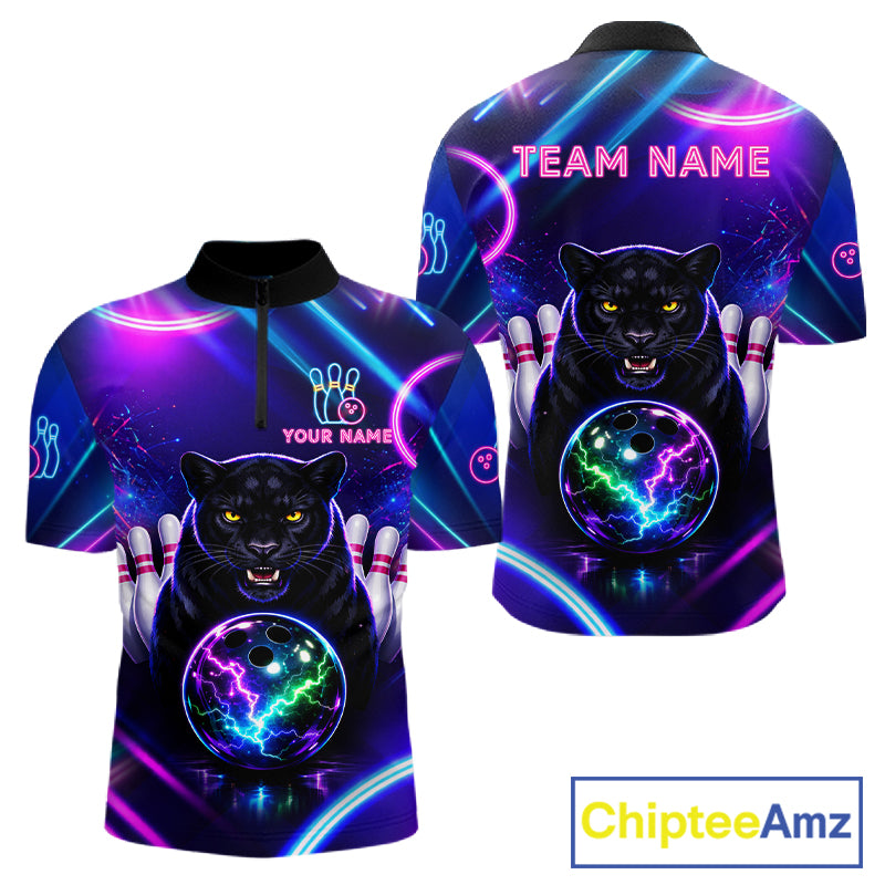 Neon Blue Purple Custom Panther Bowling Shirt For Men, Glowing Bowling Team Jersey Polo & 1/4 Zip TDM6358