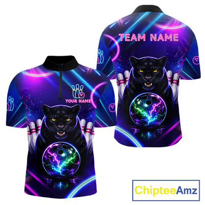 Neon Blue Purple Custom Panther Bowling Shirt For Men, Glowing Bowling Team Jersey Polo & 1/4 Zip TDM6358