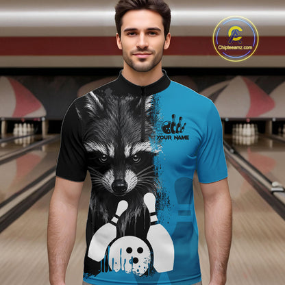 Man wearing a black and blue raccoon bowling quarter zip jersey during league competition front view.