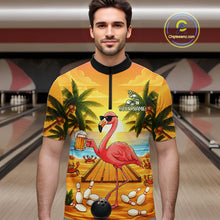 Load image into Gallery viewer, Man wearing a funny flamingo sunset tropical bowling quarter zip jersey during league competition front view.