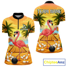 Load image into Gallery viewer, Funny flamingo sunset tropical bowling quarter zip shirt for women designed for league tournaments and team events.