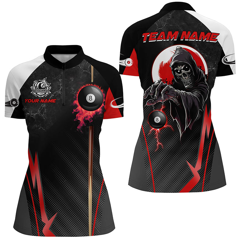 Funny Grim Reaper Ball 8 Fire  Custom Women Billiard Shirts, Best 8 Ball Pool Jerseys |Red TDM2034