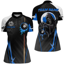 Load image into Gallery viewer, Funny Grim Reaper Ball 8 Fire Custom Women Billiard Shirts, Best 8 Ball Pool Jerseys |Blue TDM2035
