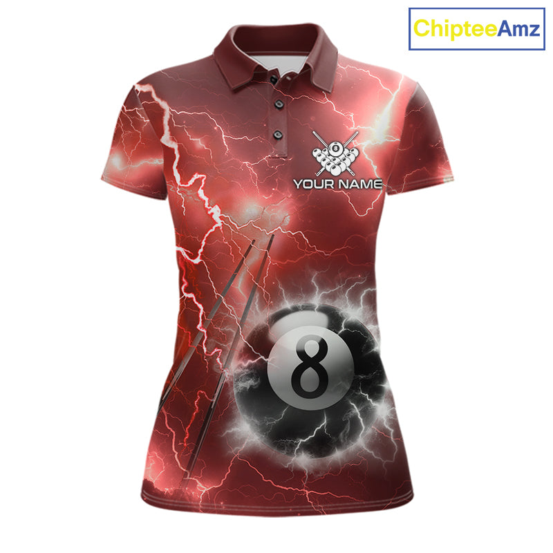 Personalized red thunder lightning 8 ball billiard team jersey polo shirt for women featuring fiery red lightning artwork, premium custom pool team apparel.