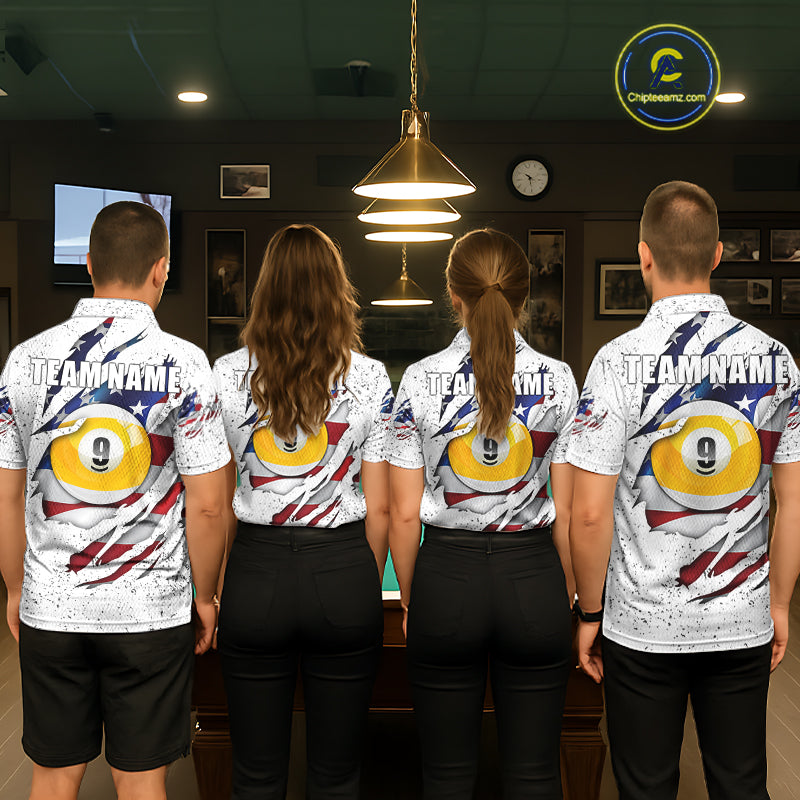 Billiard team wearing matching white grunge American flag 8 ball and 9 ball pool team jerseys, front view.