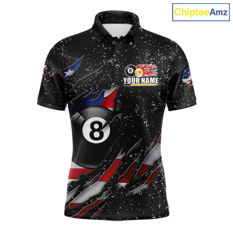 Black grunge American flag 8 ball and 9 ball billiard team jersey polo shirt for men featuring patriotic USA artwork, premium custom pool team apparel.